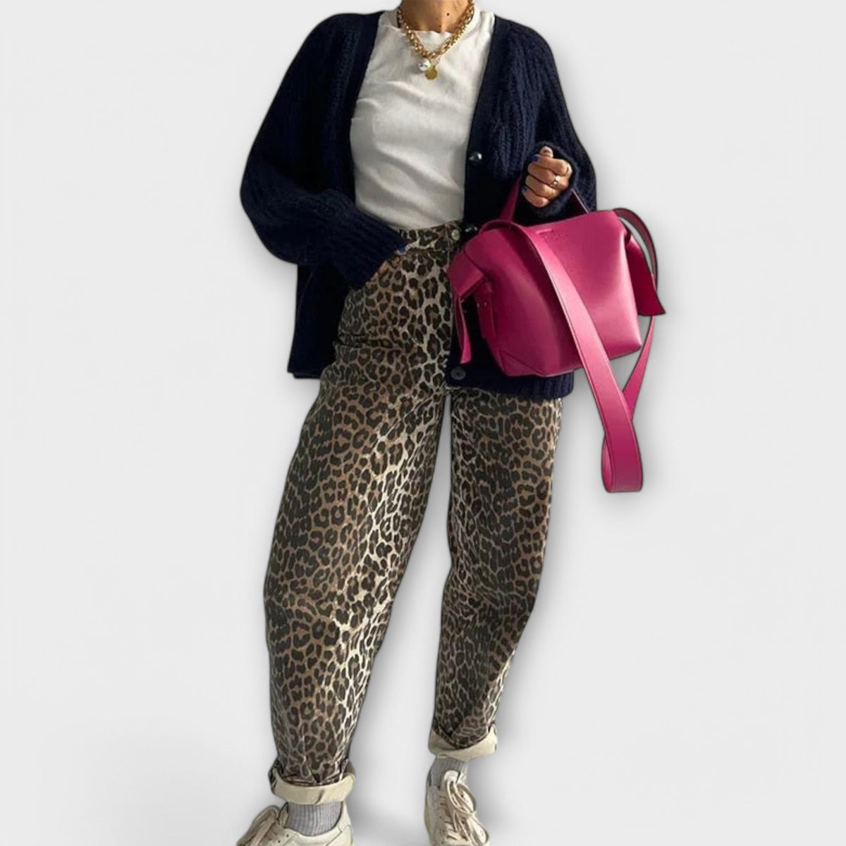 Carina - Calças de ganga vintage com estampado de leopardo
